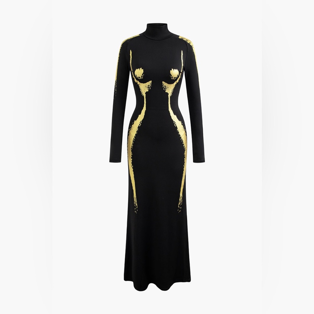 Micas Body Print Turtle Neck Langarm Maxikleid - Picture 9 of 9